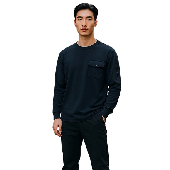 Zara Men Waffle Knit Navy Blue Patch Pocket Crew Neck Long Sleeve Shirt - Picture 1 of 16